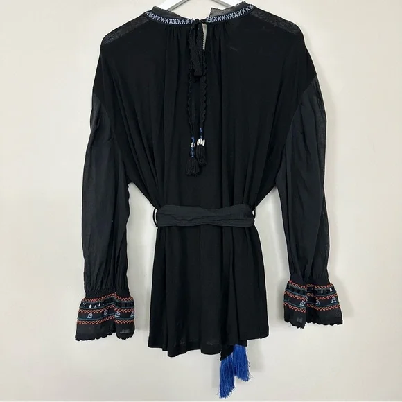 Free People On Holiday Embroidered Tunic Tribal Tassel Top Black - Picture 13 of 15